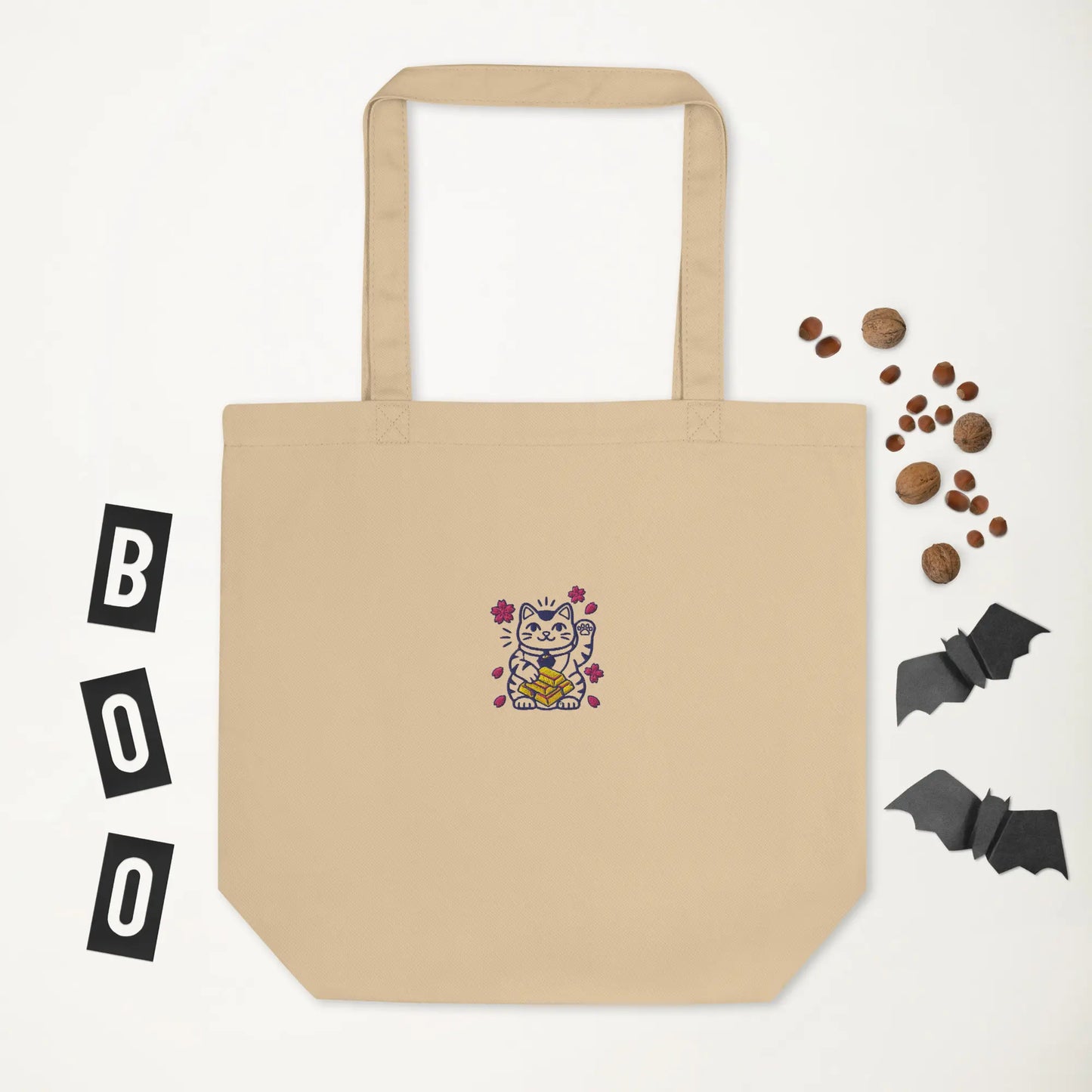Lucky Cat "Hustle Hard" Embroidered Tote Bag