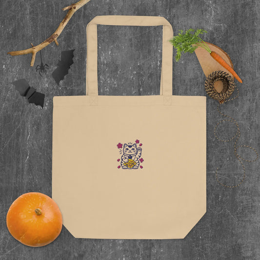 Lucky Cat "Hustle Hard" Embroidered Tote Bag