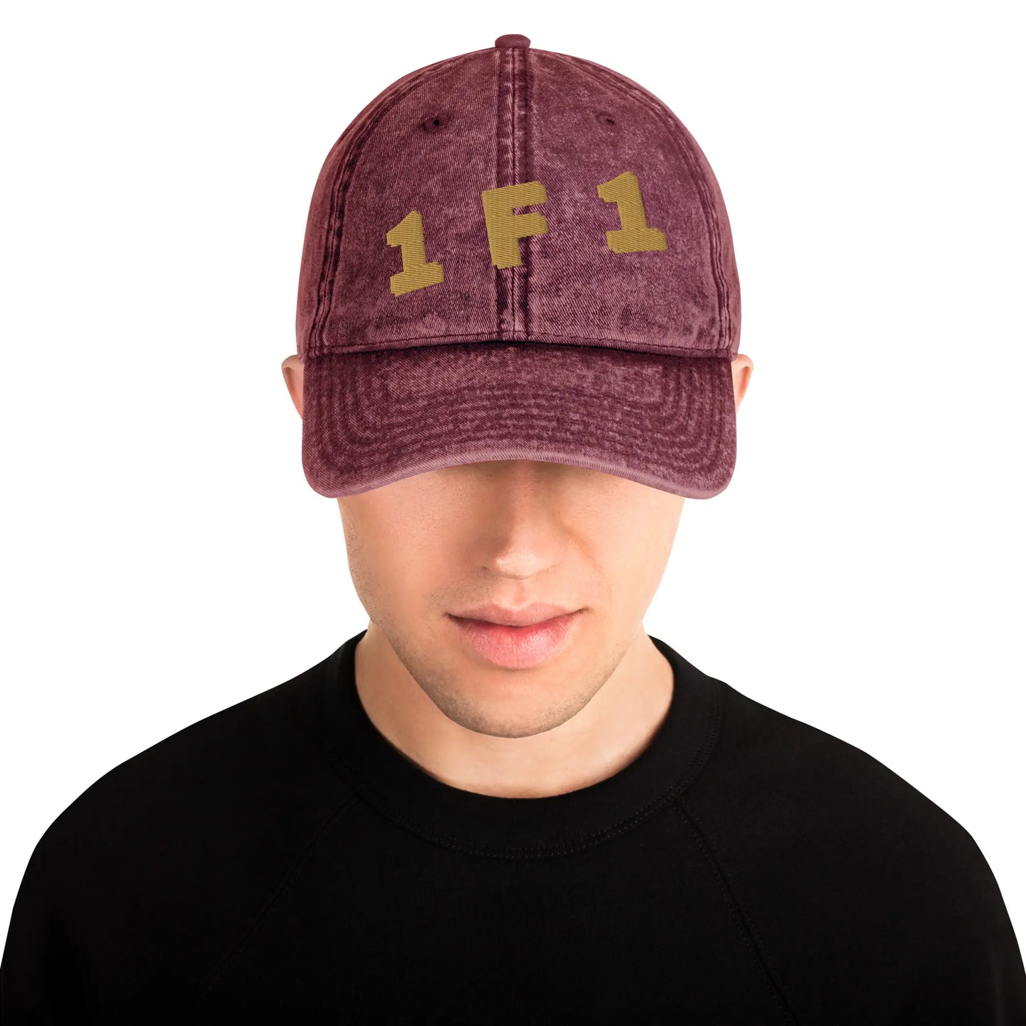 "1 F 1" Denim Dad Hat | 3D Gold Embroidery Signature
