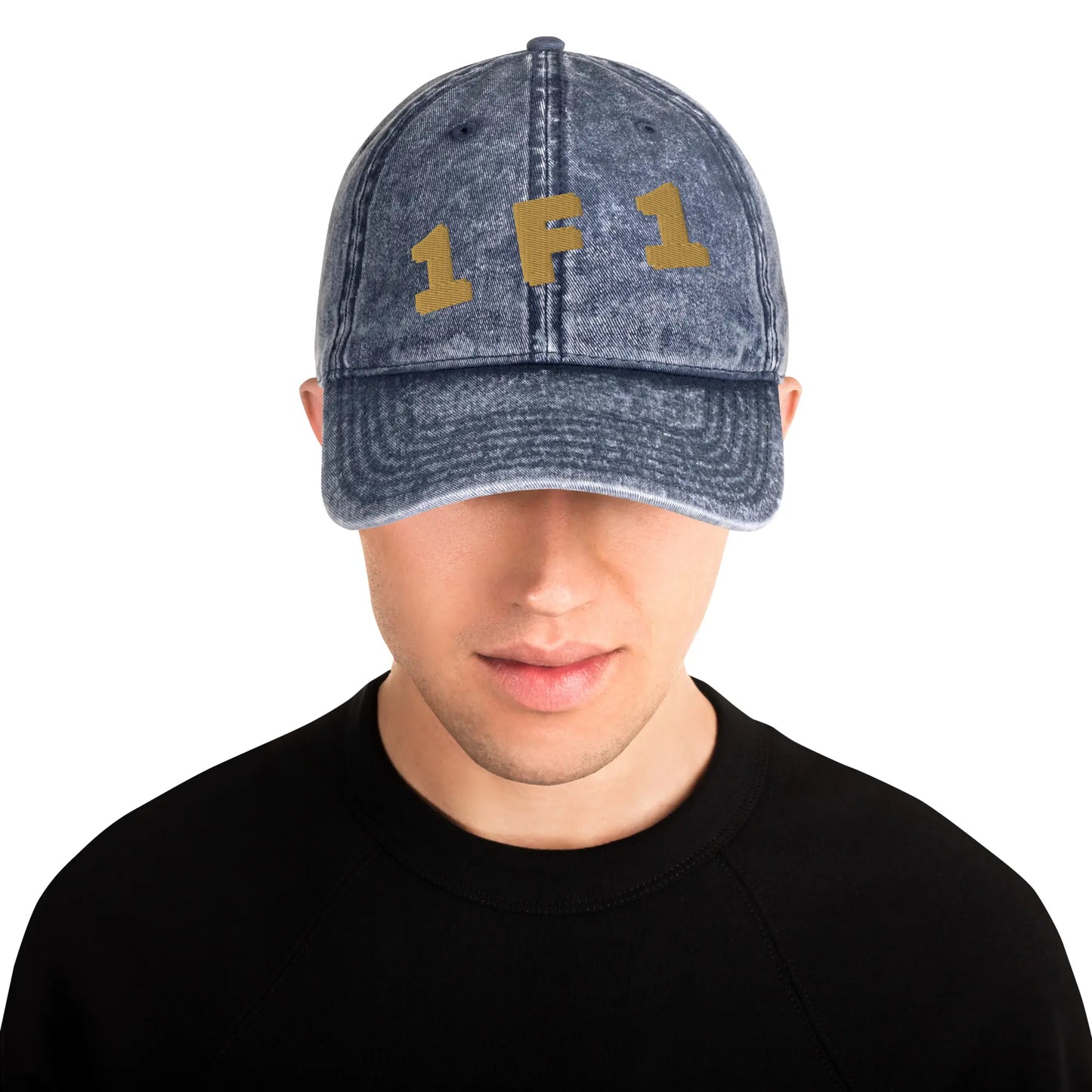 "1 F 1" Denim Dad Hat | 3D Gold Embroidery Signature