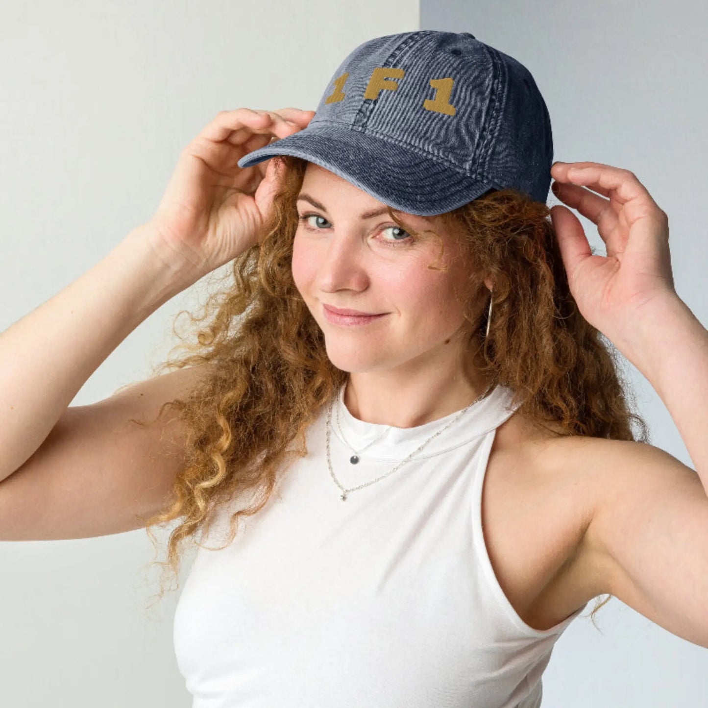 "1 F 1" Denim Dad Hat | 3D Gold Embroidery Signature
